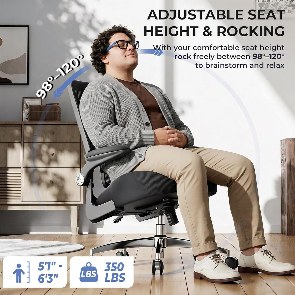 Ergonomic Chair - 350lbs Capacity for Big & Tall with 4.8" Thickened Seat Cushion, Sacral Lumbar Support and Flip-Up Arms for Home Office