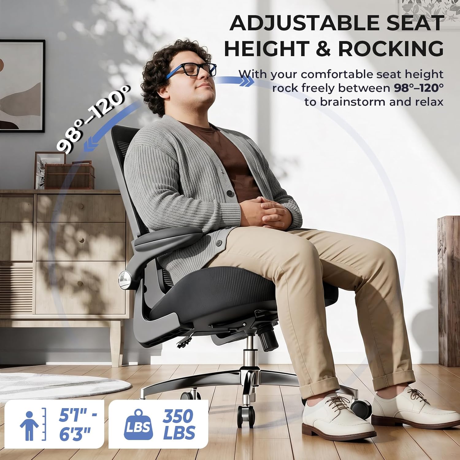 Ergonomic Chair - 350lbs Capacity for Big & Tall with 4.8" Thickened Seat Cushion, Sacral Lumbar Support and Flip-Up Arms for Home Office
