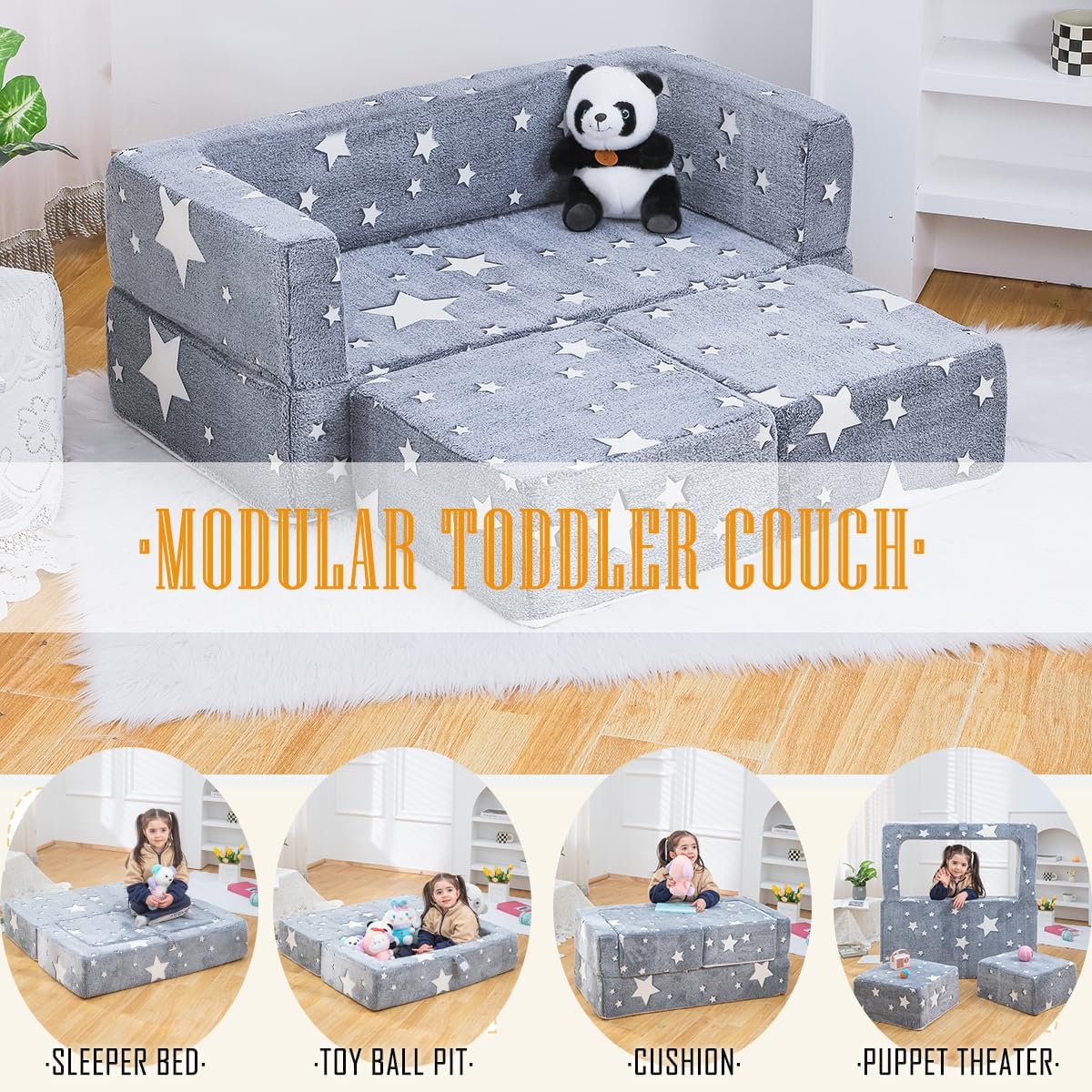 Kids Play Couch 3-in-1 Modular Toddler Baby Couches Foam Armchair for Boys & Girls Children Convertible Sofa to Lounger Fold Out Kids Furniture Sofa Play Set, Grow in The Dark Star