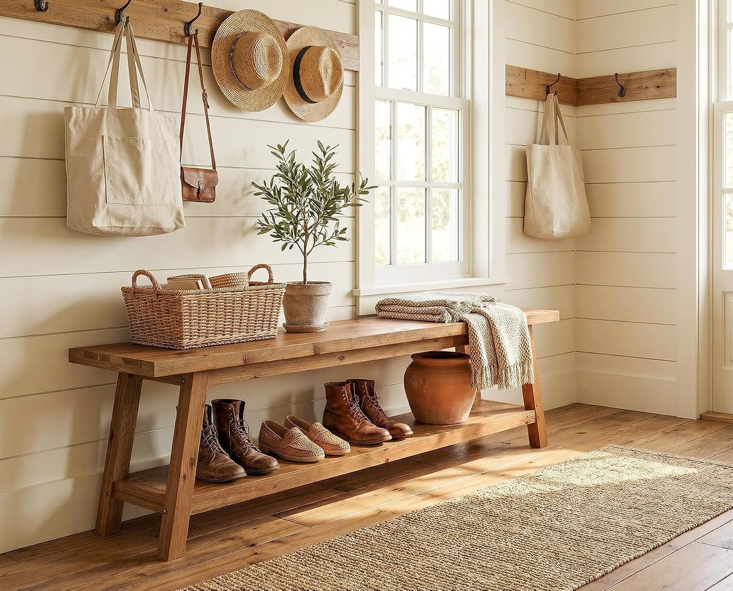Solid Wood Entryway Bench with Shoe Storage Shelf, 62.99" Long Rustic Hallway Shoe Bench, Natural Wood Mudroom Window Seating, 400 lbs Capacity