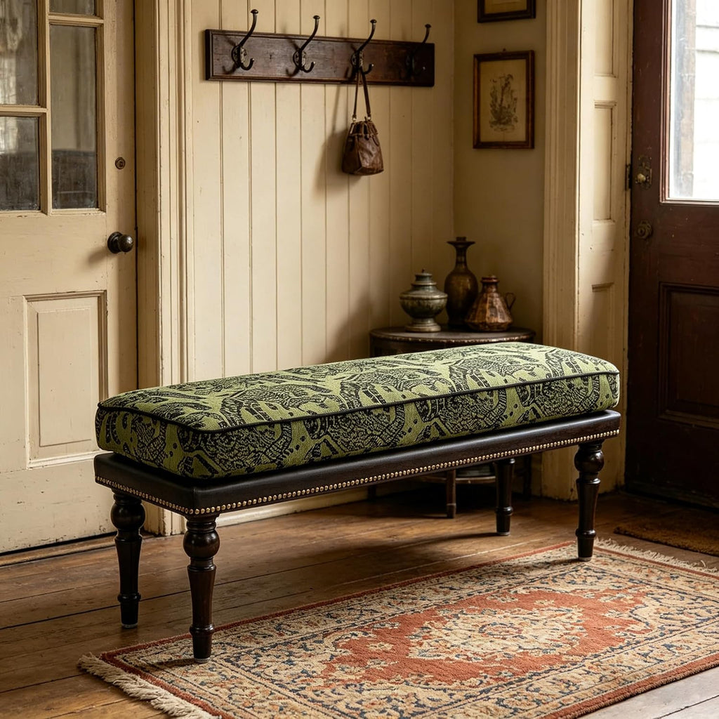 Forteek 47" End of Bed Bench, Traditional Upholstered Bedroom Bench with Removable Washable Jacquard Fabric Cover, Nailhead Trim, Vintage Accent Bench for Bedroom Living Room Entryway(Vintage Green)