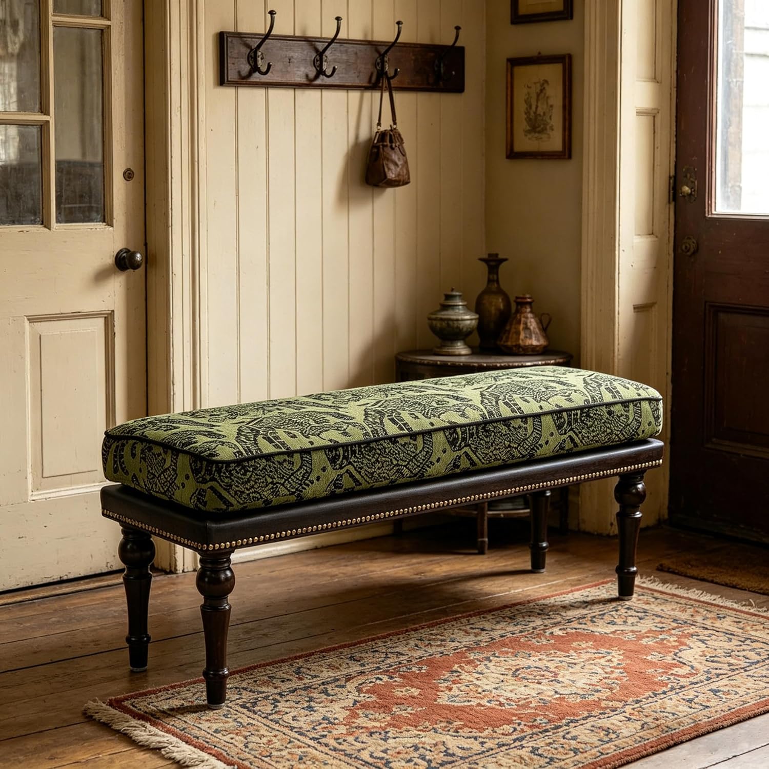 Forteek 47" End of Bed Bench, Traditional Upholstered Bedroom Bench with Removable Washable Jacquard Fabric Cover, Nailhead Trim, Vintage Accent Bench for Bedroom Living Room Entryway(Vintage Green)