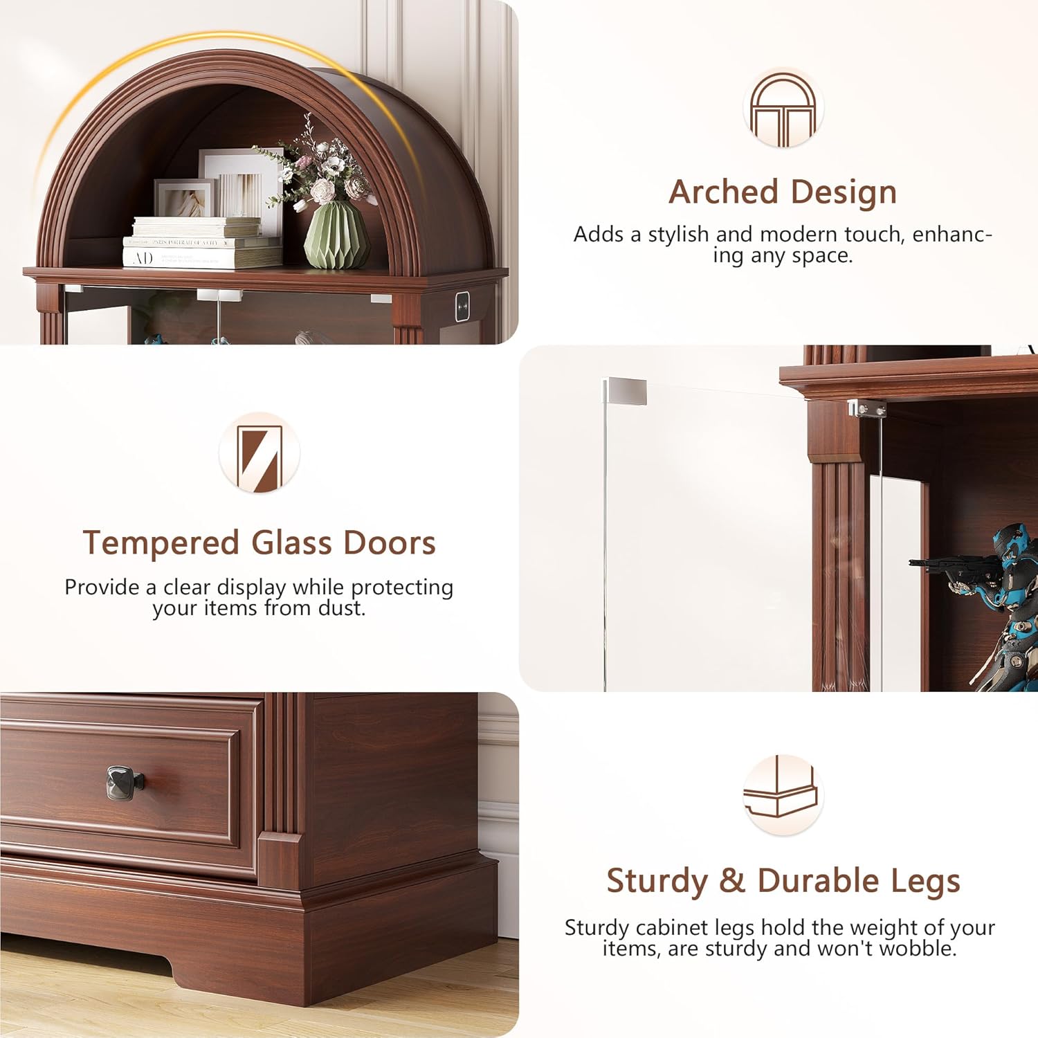 Dystler Curio Cabinet with Glass Doors, 72" Tall Arched Display Cabinet with Human Sensor Lights, 4-Tier Display Case for Collectibles Bookcase Living Room, Walnut