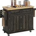 HOMCOM Kitchen Island Cart with Solid Wood Top 44" Mobile Brown Oak | Kitchen Island Table, on Wheels, Storage Cabinets, 2 Drawers, Adjustable Shelves, Spice Rack & Towel Bar, for Dining Room