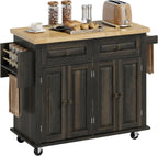 HOMCOM Kitchen Island Cart with Solid Wood Top 44" Mobile Brown Oak | Kitchen Island Table, on Wheels, Storage Cabinets, 2 Drawers, Adjustable Shelves, Spice Rack & Towel Bar, for Dining Room