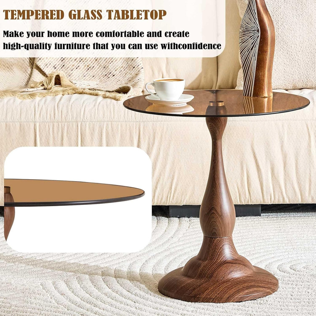Round Side Table,Round Coffee Table, Small End Tables with Round Metal Frame,Tempered Glass Side Table,19.6 Inch Vintage Accent Table for Sofa, Bedside, Living Room, Bedroom, Patio(Brown)
