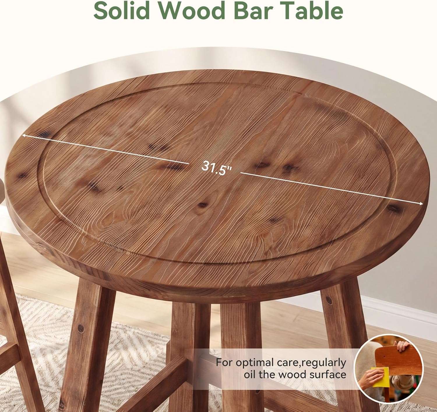 Solid Wood Bar Table, 39.4" High Round Bar Height Table, Farmhouse High Top Pub Bistro Tables, Small Space Cocktail Tables for Kitchen, Living Room, Brown (Table Only)