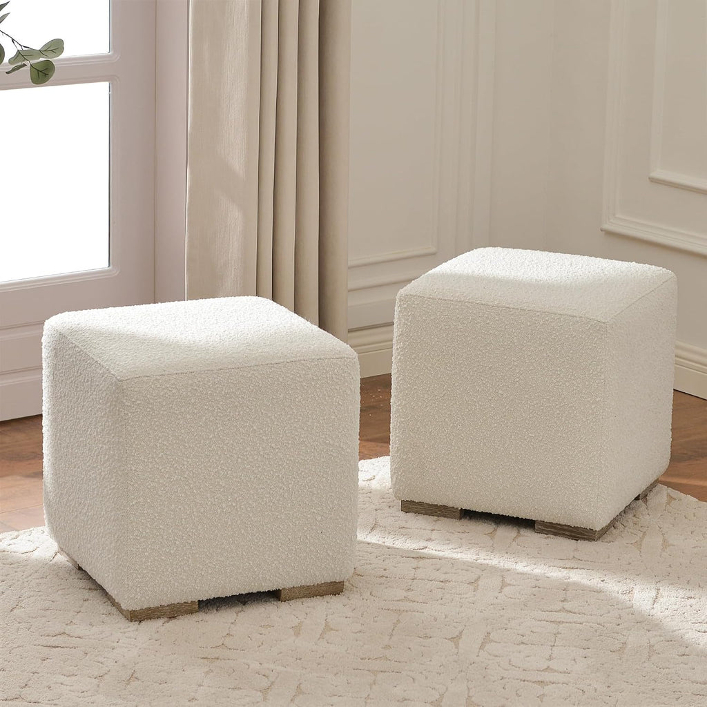 KINWELL 18.5" Wide Modern Square Boucle Upholstered Ottoman with Solid Wood Legs Set of 2, Cube Ottoman Multi-Functional Sofa Footrest, Extra Seating for Living Room, Bedroom, Fully Assembled (White)
