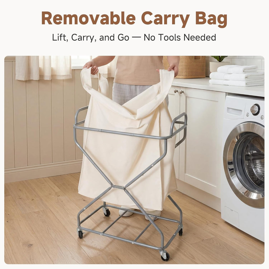 StorageWorks 2-Section Laundry Basket with Wheels, 160L Laundry Hamper with Removable Bag and Handles, Laundry Sorter Cart for Storage and Organizer, Beige
