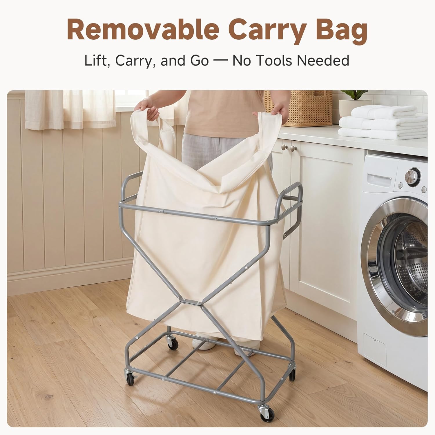 StorageWorks 2-Section Laundry Basket with Wheels, 160L Laundry Hamper with Removable Bag and Handles, Laundry Sorter Cart for Storage and Organizer, Beige
