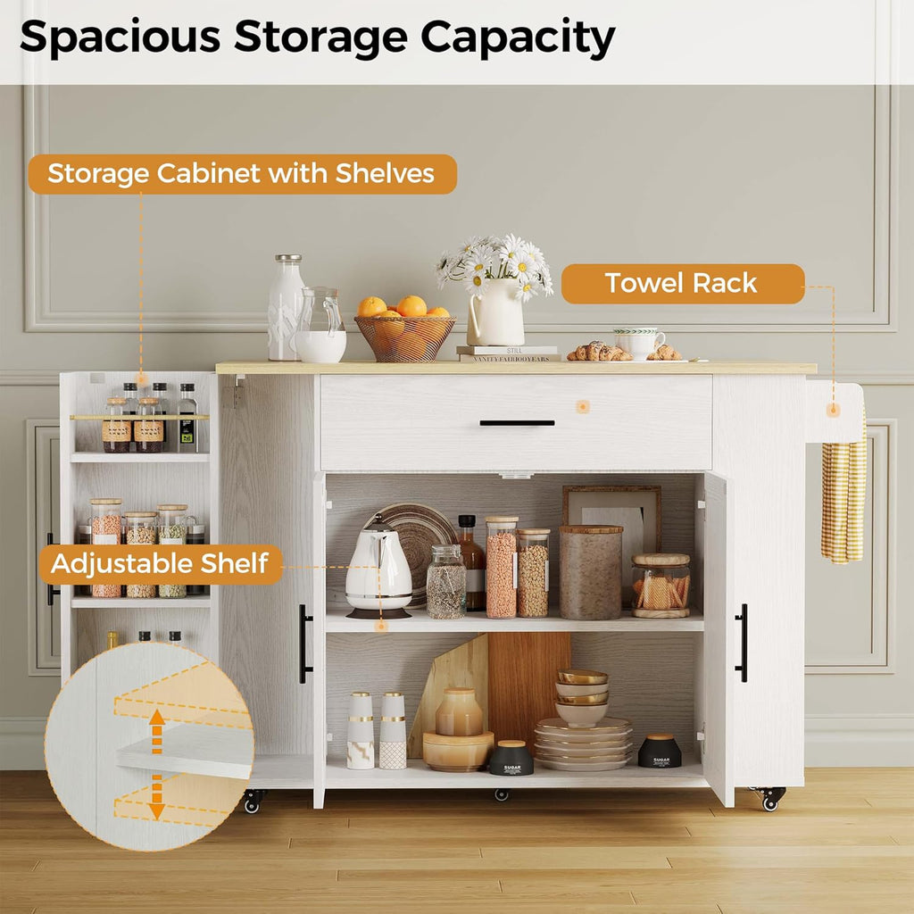 IRONCK Kitchen Island with Storage, 47.2in Rolling Island on Wheels, Kitchen Cart with Drop Leaf, Drawer and Towel Rack for Home, Dining Room