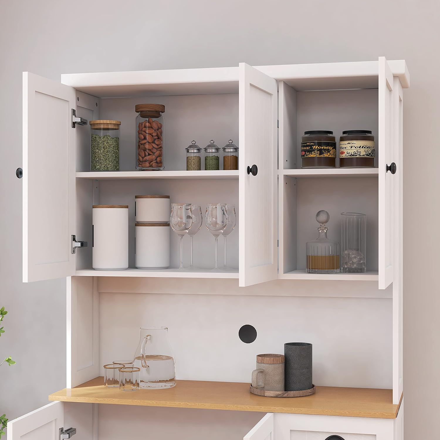 Freestanding Kitchen Pantry with Dawer & 3 Shelves, 2 Single Doors & 2 Double Doors, Modern Minimalist, Rectangular Storage Cabinet, for Living Room, Dining Room, White