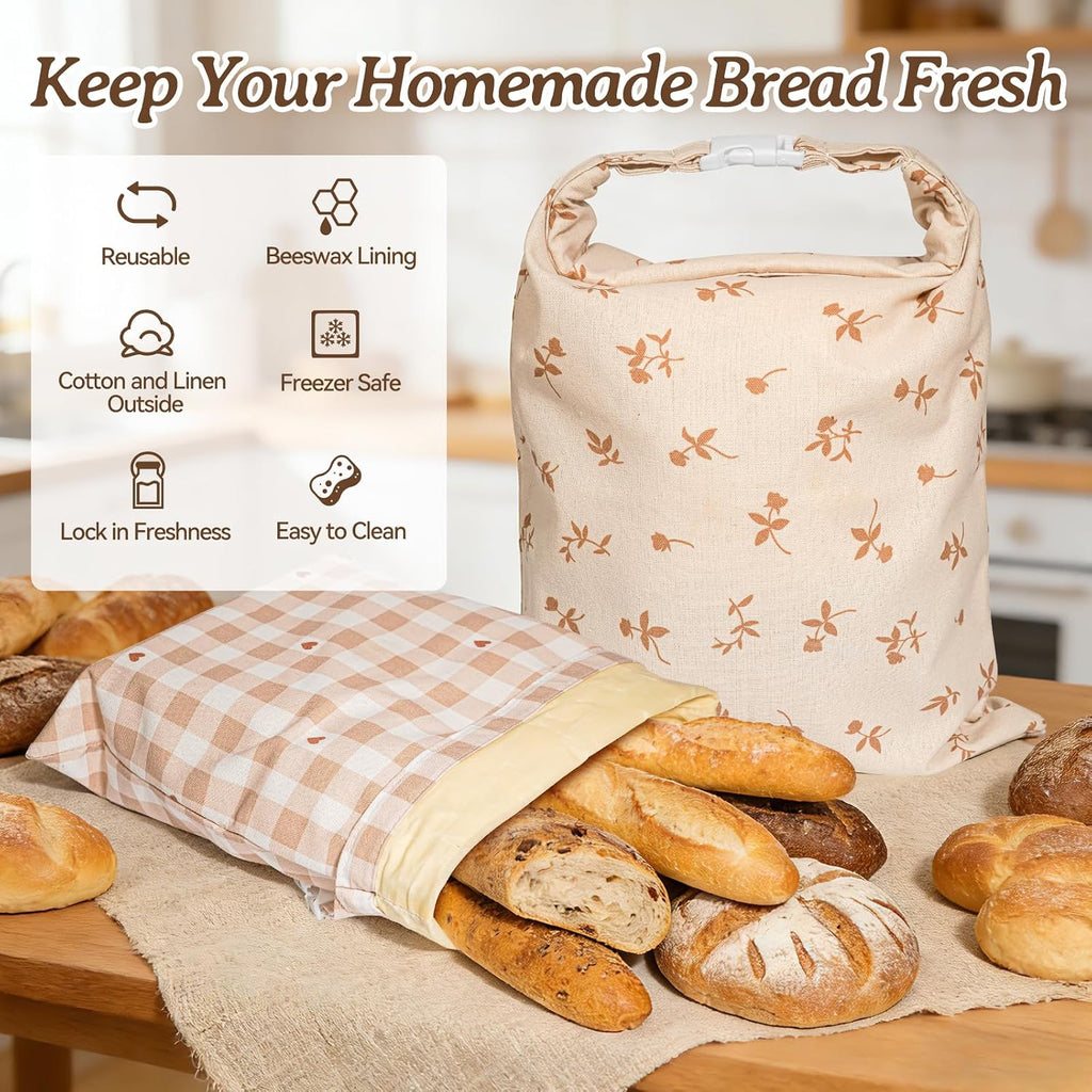 Beeswax Bread Bags for Sourdough, 2 pcs Reusable XL Zipper Beeswax Bread Bags for Homemade Bread Sourdough, Cotton Linen Food Storage Bag for Picnics, Pantry, Long-Lasting Freshness (Rose+Checkered)