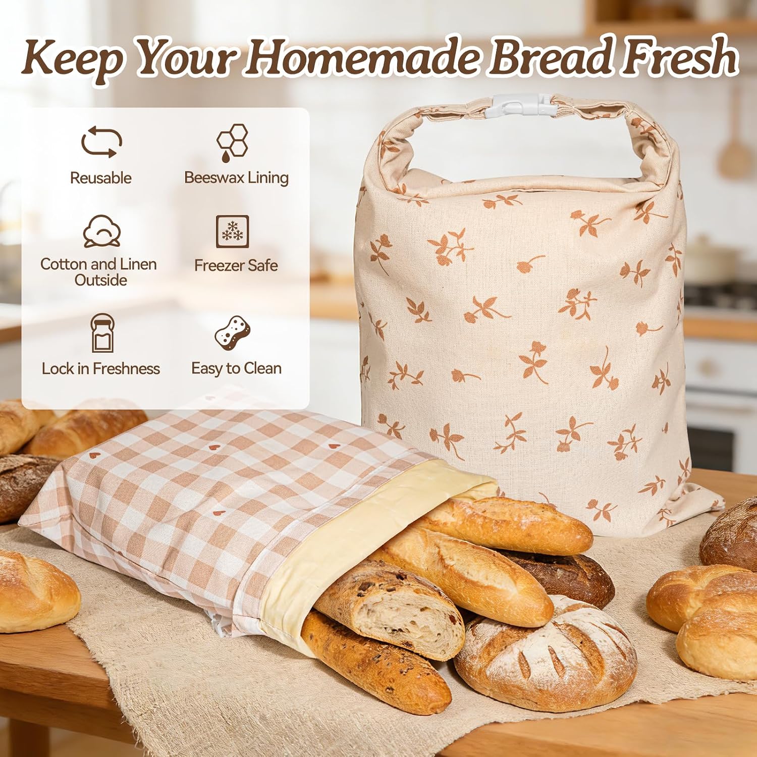 Beeswax Bread Bags for Sourdough, 2 pcs Reusable XL Zipper Beeswax Bread Bags for Homemade Bread Sourdough, Cotton Linen Food Storage Bag for Picnics, Pantry, Long-Lasting Freshness (Rose+Checkered)