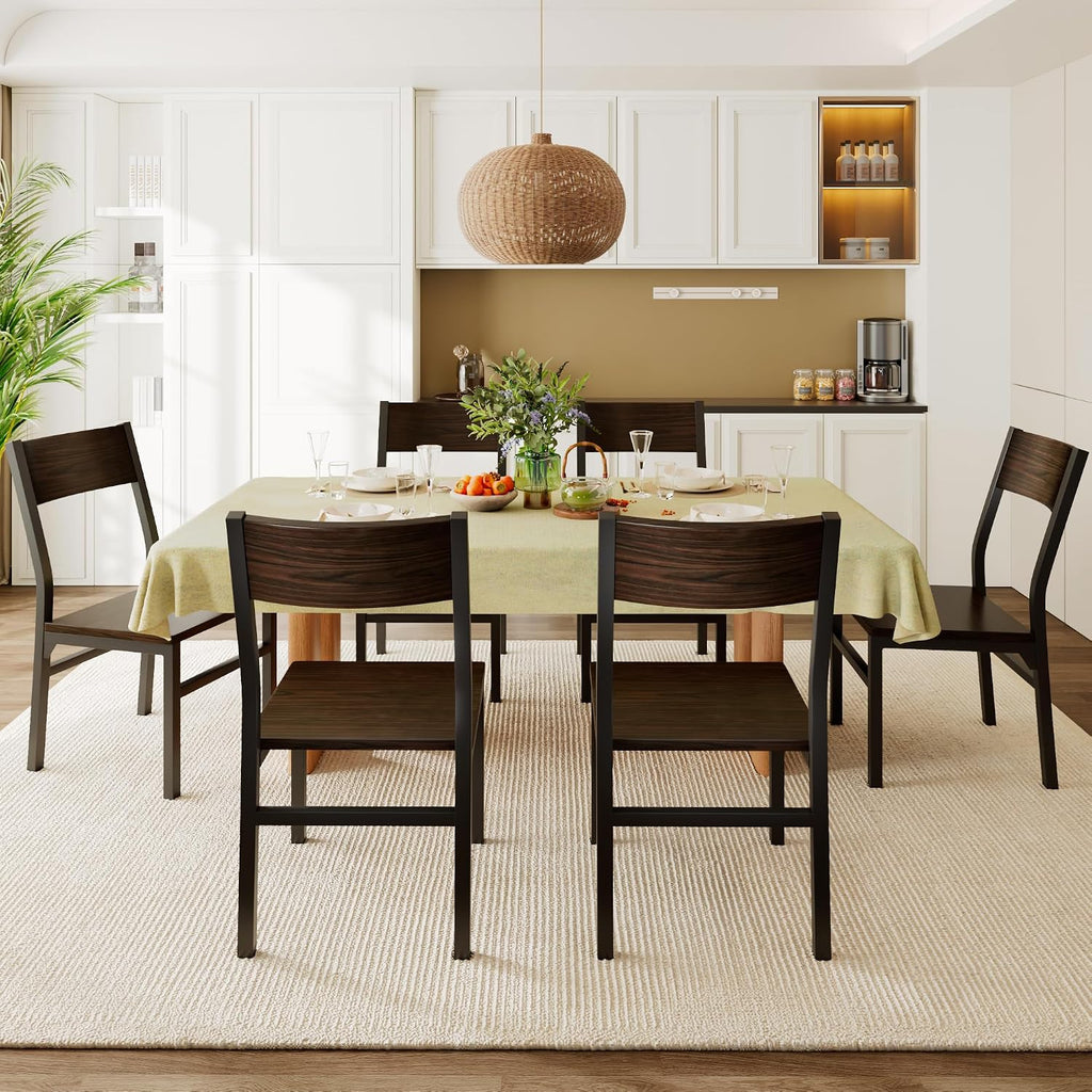 Feonase Dining Chairs Set of 6, Modern Kitchen Chairs with Ergonomic Backrest, MDF Board and Metal Legs, Dinner Chairs for Dining Room, Kitchen and Living Room, Espresso