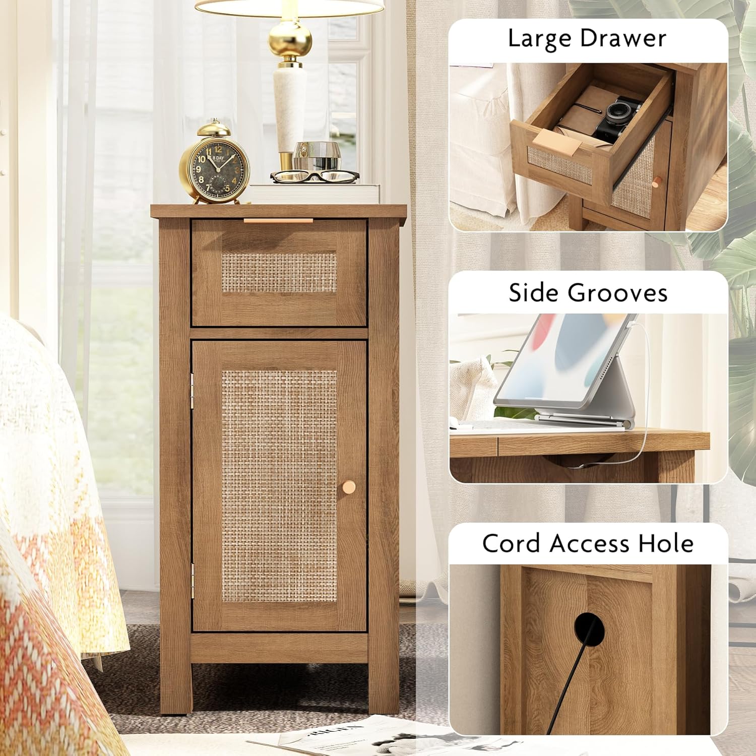 Narrow End Table with Charging Station - Midcentury Rattan Slim Side Table with USB Ports and Power Outlets, Nightstand with Flip Top and Storage Drawer, for Small Spaces Living Room Bedroom