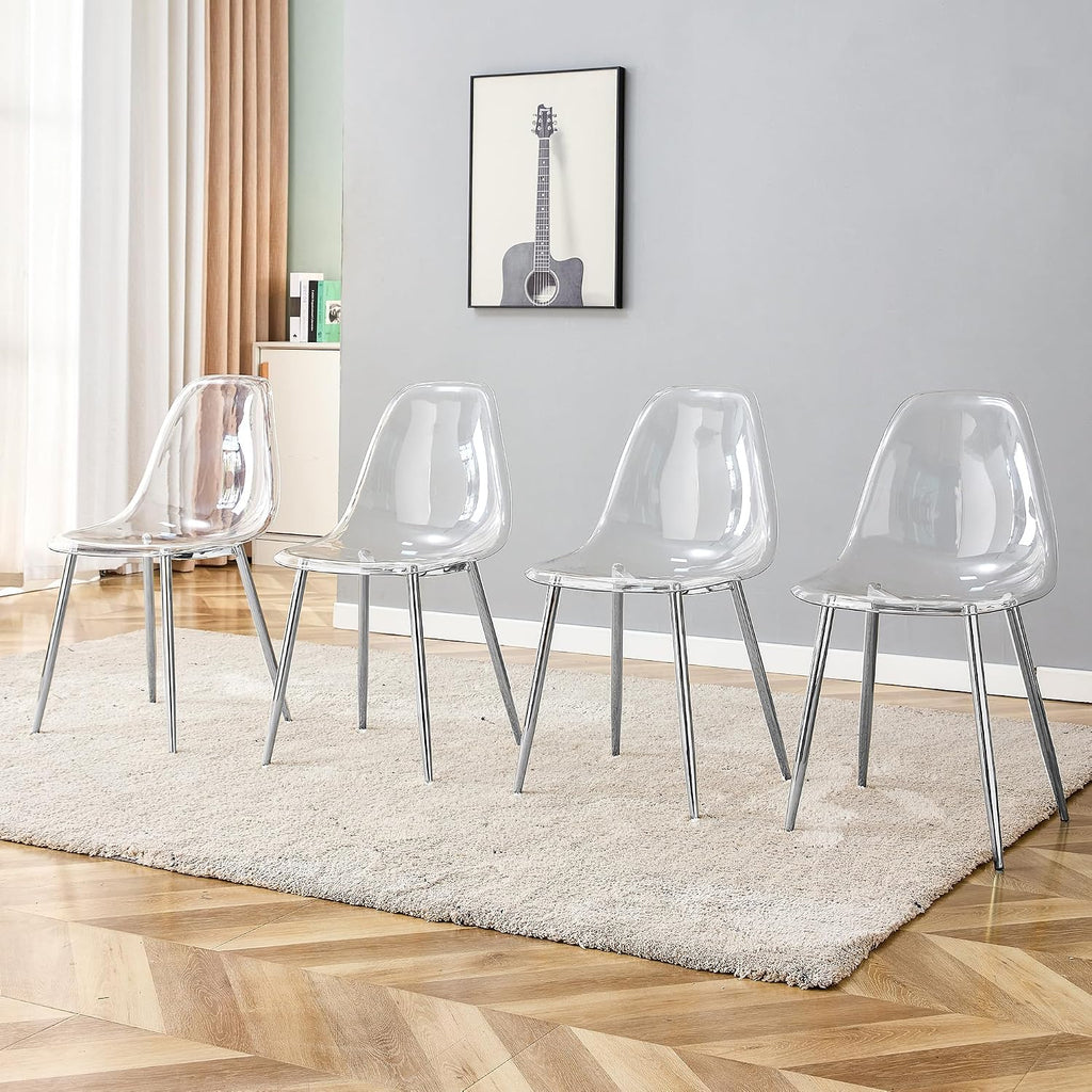 Clear Acrylic Dining Chairs Set of 4, Armless Modern Side Chairs with Transparent Seat, Ergonomic Backrest and Chrome Metal Legs, Ghost Style Kitchen Chairs for Dining Room, Living Room