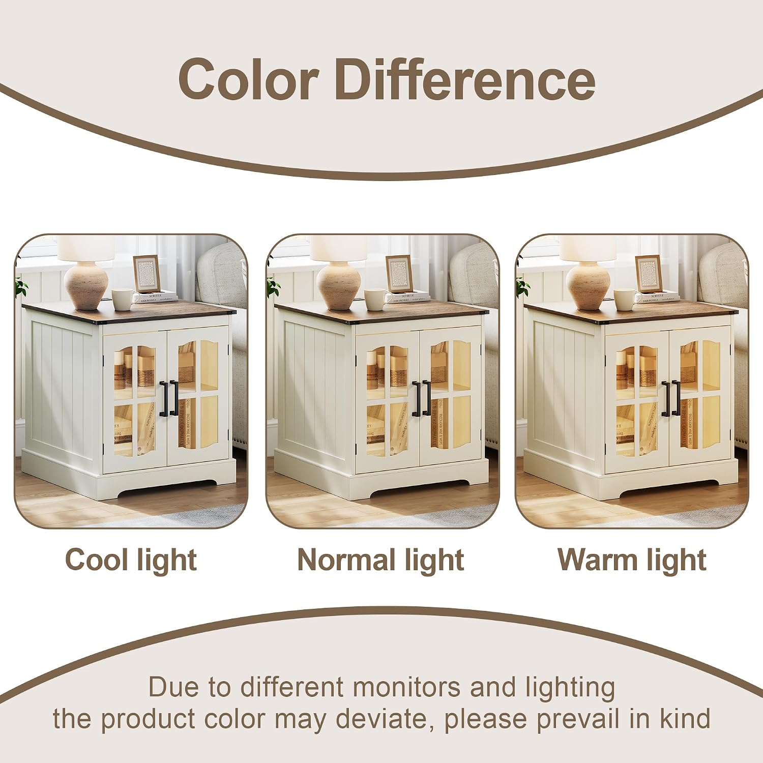 ChooChoo Farmhouse End Table with Charging Station, 24" Large Sofa Side Table with LED, Square Nightstand with Glass Barn Door, Bedside Table with Storage for Living Room, Beige（Cream and Brown