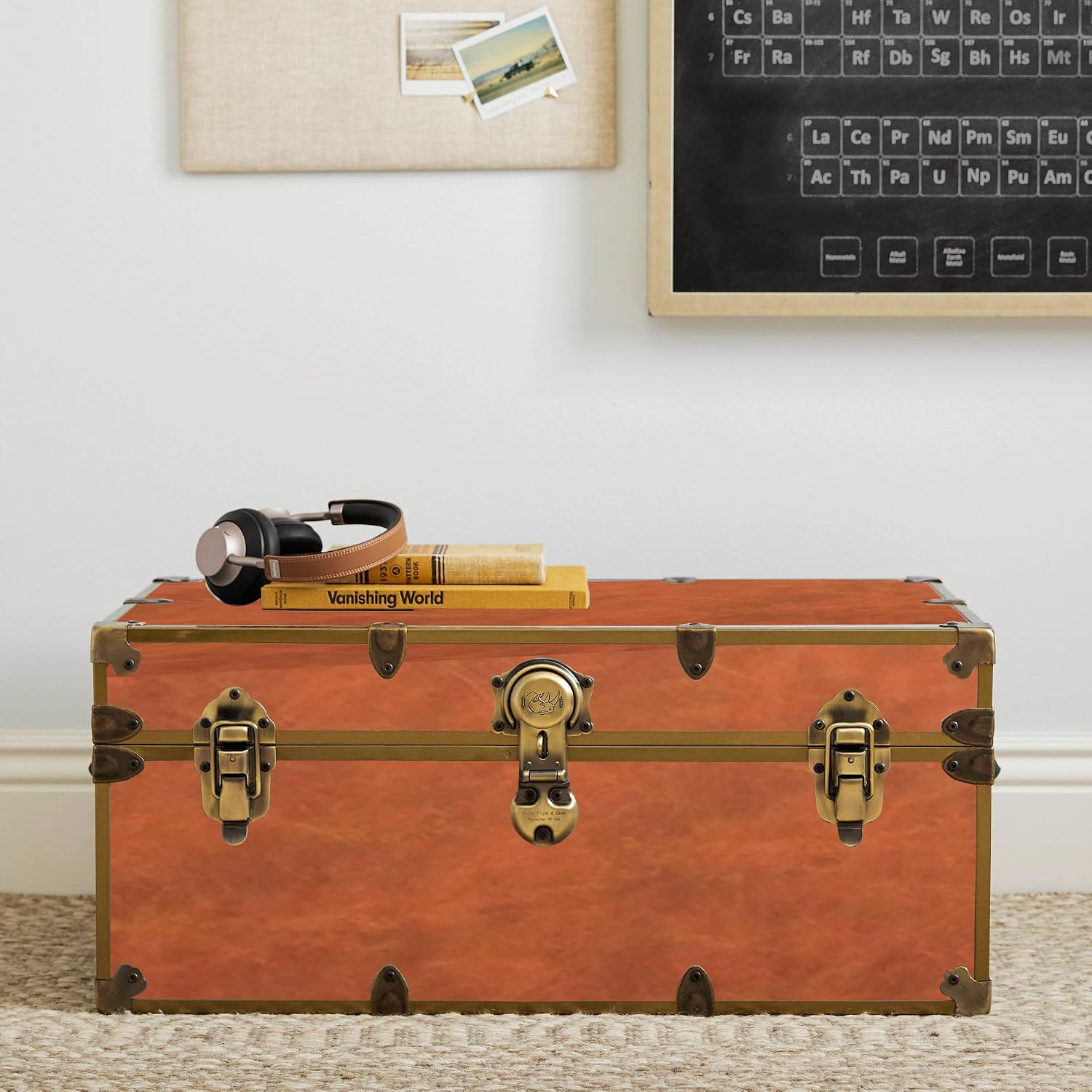 Rhino Trunk & Case Lux Faux Leather Trunk – Large 32"x18"x14" Storage Box, Coffee Table, End of Bed Chest, Entryway Storage Bench – USA-Made – Strong & Secure for Camp & Dorm – Antique Brass Hardware