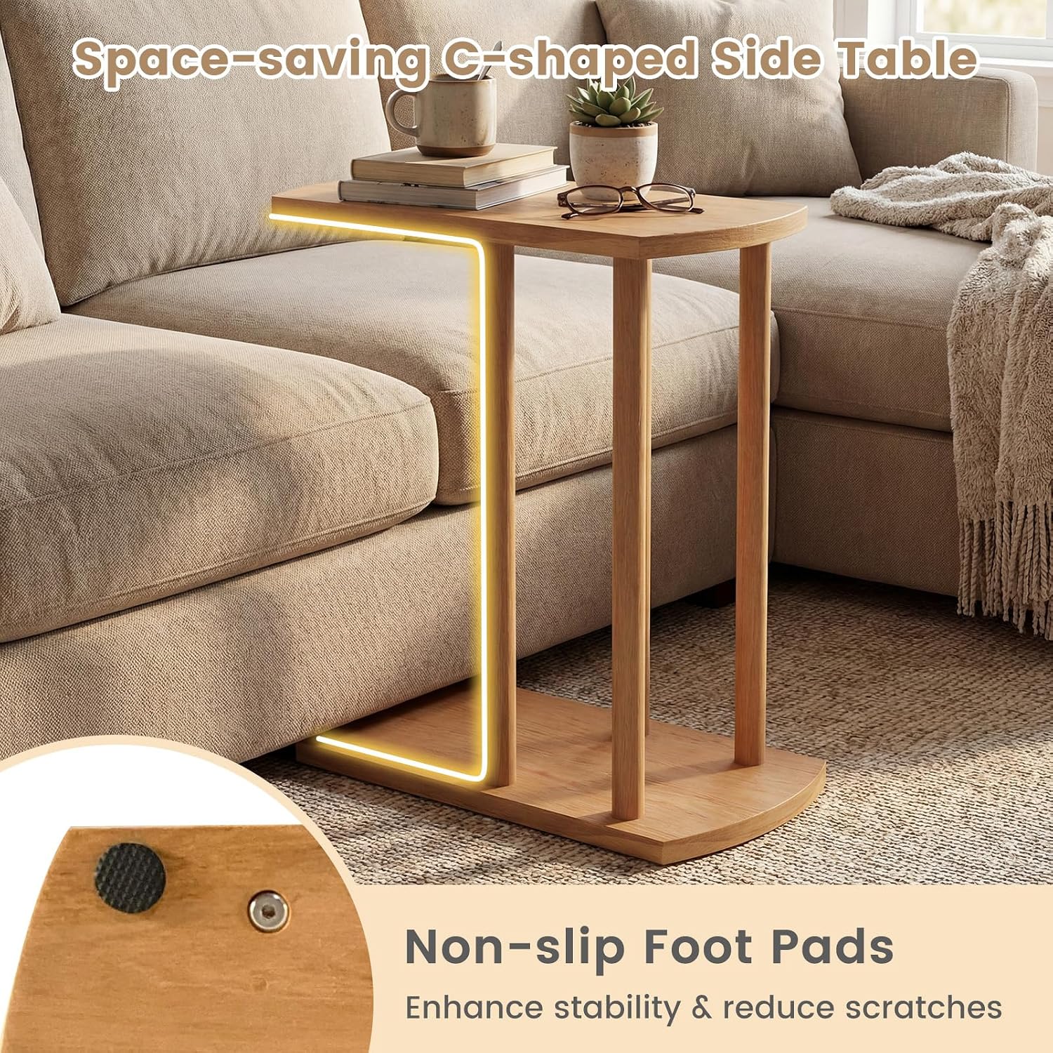 Giantex C-Shaped Teak Wood Side Table, Set of 2 Narrow 2-Tier Couch Tables that Slide Under w/Thickened Top & Sturdy Base, Wooden Sofa End TV Tray Bedside Table for Small Spaces Living Room Bedroom