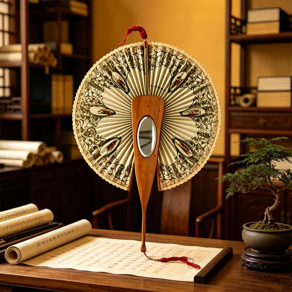 Antique Mirrored Mechanical Fan, Olive Wood Swallow Print Folding Fan with Hidden Mirror & Lace Trim, Classic European Retro Photo Prop, Unique Home Decor Collectible Gift for Women (2PCS)