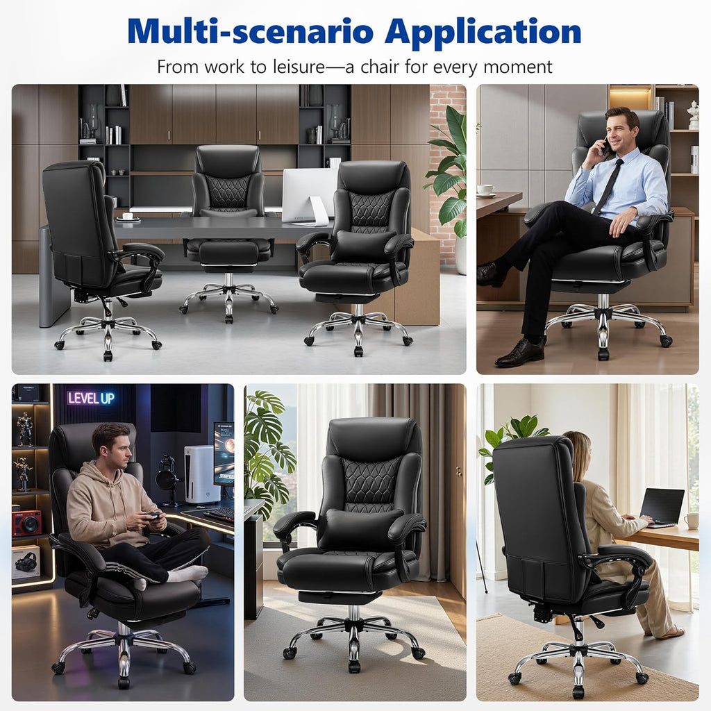 Big and Tall Office Chair 400lbs - Wide Memory Foam Seat with Lumbar Support, Reclining Executive Desk Chair with Footrest, Ergonomic Heavy Duty High Back Computer Chair, Black