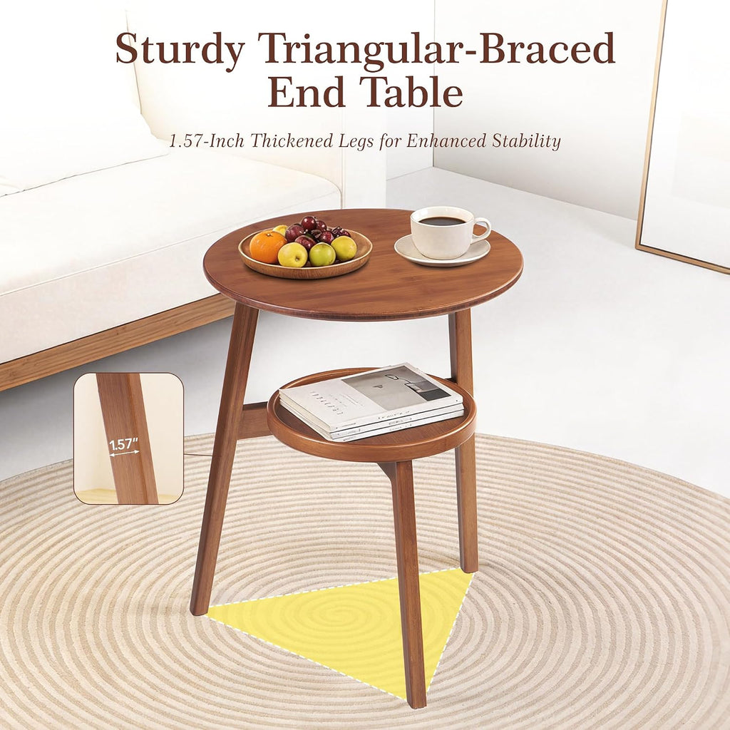 Bamboo Round Side Table, 2-Tier Small Space End Table with Storage Shelf, Mid-Century Modern Rustic Style Narrow Table for Living Room Bedroom Sofa Side