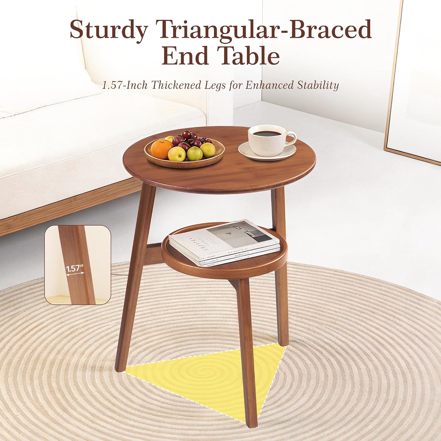 Bamboo Round Side Table, 2-Tier Small Space End Table with Storage Shelf, Mid-Century Modern Rustic Style Narrow Table for Living Room Bedroom Sofa Side