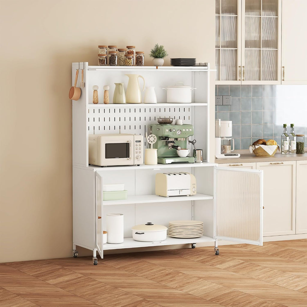 Rolling Kitchen Pantry Cabinet with 2 Glass Doors & Adjustable Shelves, Freestanding Metal Storage Credenza Organizer Utility Cupboard for Pantry, Kitchen, Bathroom,White