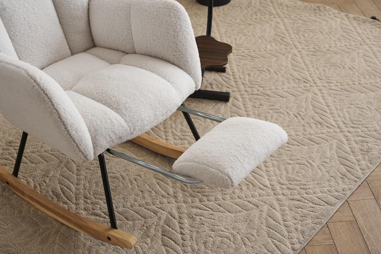 Teddy Fabric Upholstered Rocking Chair with Pillow & Footrest – Modern Accent Armchair with Padded Seat and High Backrest for Nursery, Living Room or Bedroom (Ivory)