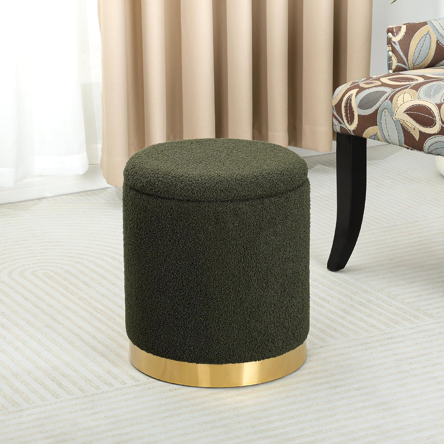 Joveco Boucle Round Ottoman with Storage,Vanity Stool with Storage for Bedroom, Ottoman Coffee Table,Small Boucle Foot Stool for Living Room, Dark Moss Green with Gold Plating