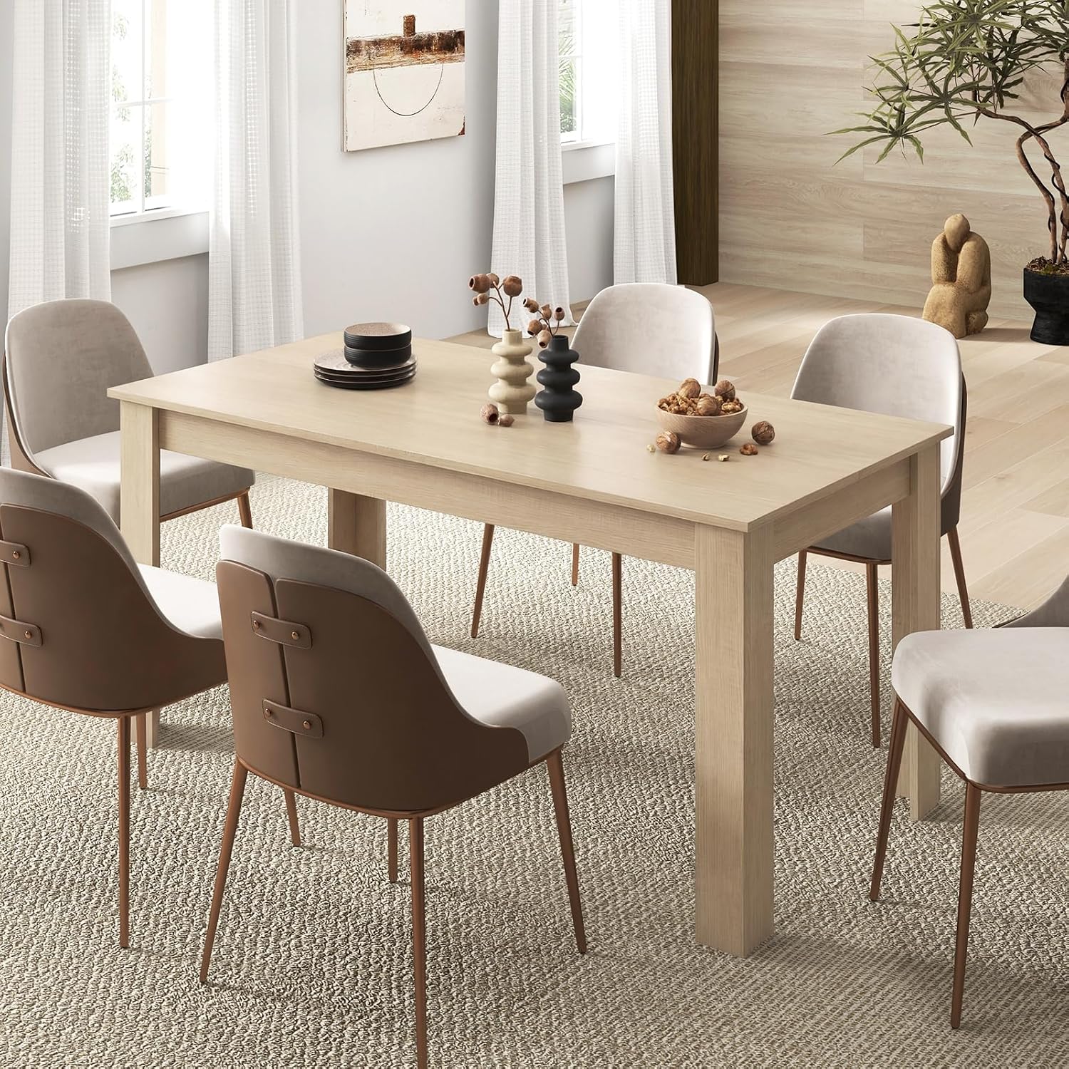 Giantex Dining Table for 4-6, 63" L Large Farmhouse Kitchen Table, Wooden Rectangular Dinner Table for Living Dining Room, Home Office, Dinette, 330LBS Capacity, Natural
