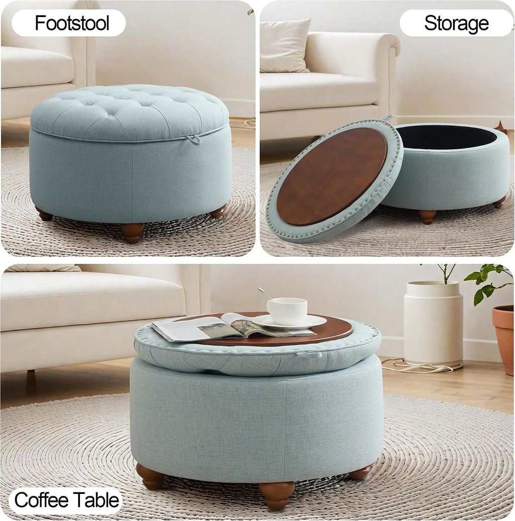 30'' Round Ottoman Coffee Table with Storage, Upholstered Tufted Ottoman with Flip Tray, Solid Wood Legs for Living Room, Bedroom, Blue
