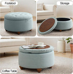 30'' Round Ottoman Coffee Table with Storage, Upholstered Tufted Ottoman with Flip Tray, Solid Wood Legs for Living Room, Bedroom, Blue