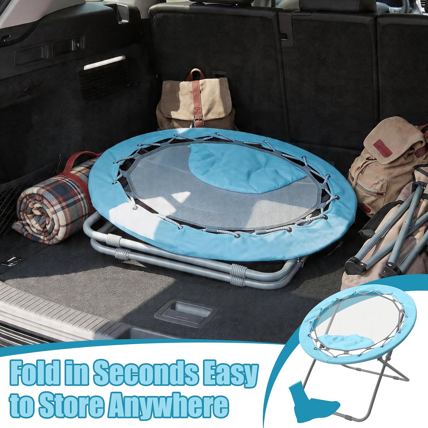 Bungee Chair, Portable Bouncy Lightweight Round Folding Dish Chair for Adults - Perfect for Dorm, Bedroom, Game Room, Patio & Indoor/Outdoor Use (Blue)