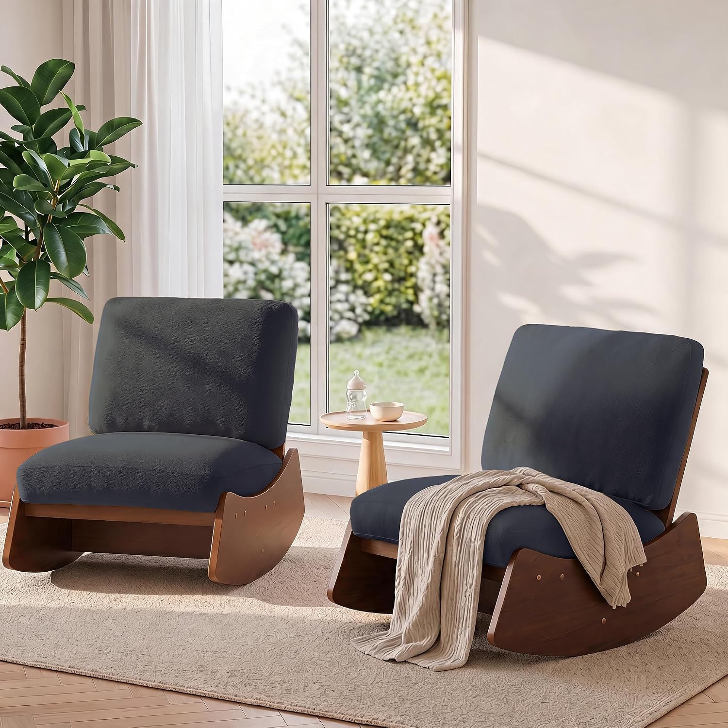 Mid-Century Modern Chenille Rocking Chair, Dark Grey, Set of 1 | Soft chenille upholstery | Sturdy solid wood base | For nursery, living room, & bedroom