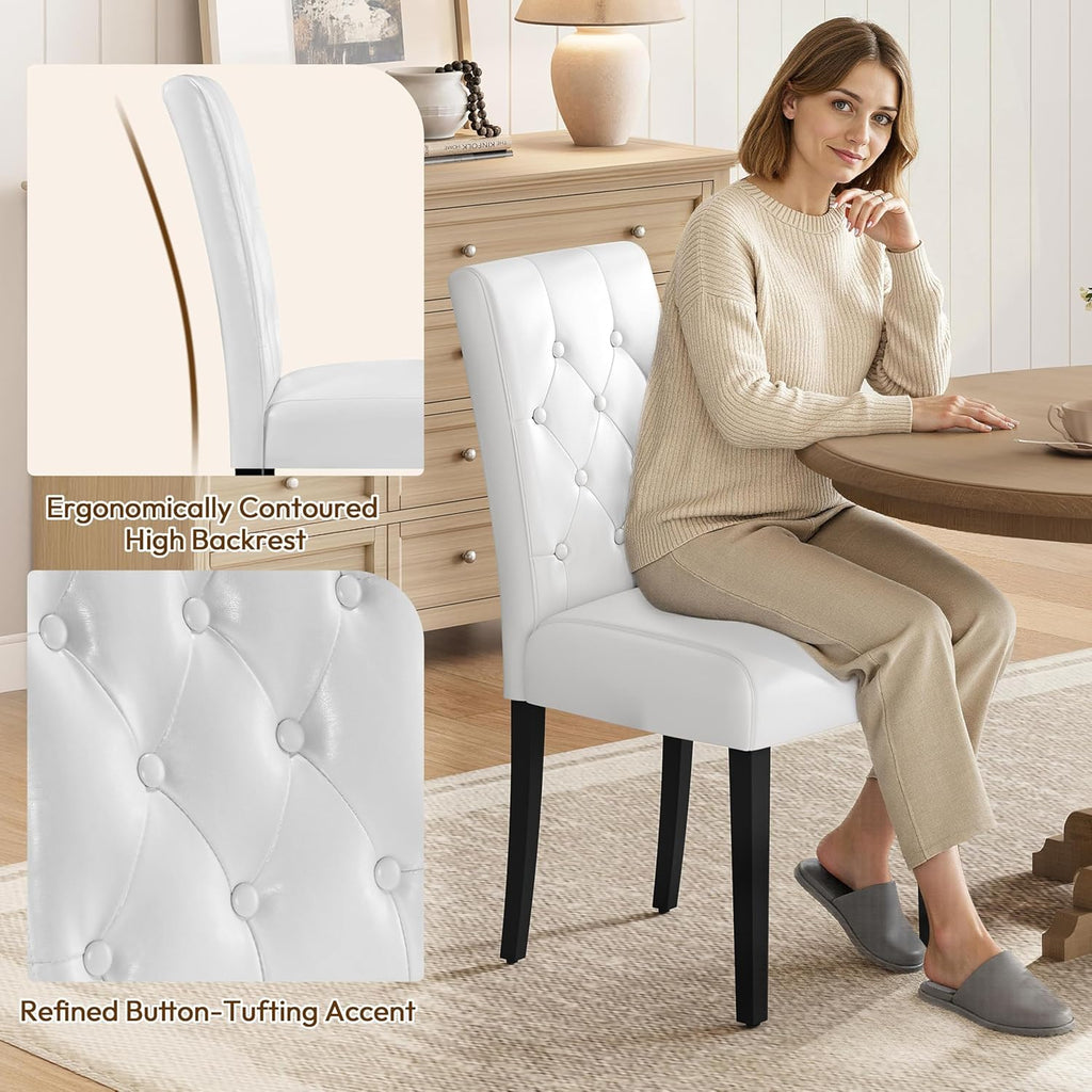 Yaheetech Dining Chairs Set of 4 Button Tufted Kitchen Chairs White | Modern Faux Leather Upholstered Parson Chairs with Rubberwood Legs, Adjustable Footpads, High Back Chairs For Dining Room