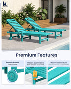 KINGYES Outdoor Armless Chaise Lounge Set of 2, HDPE Pool Lounge Chairs with Cup Holder & Wheels, Patio Lounger Chairs for Poolside, Aruba