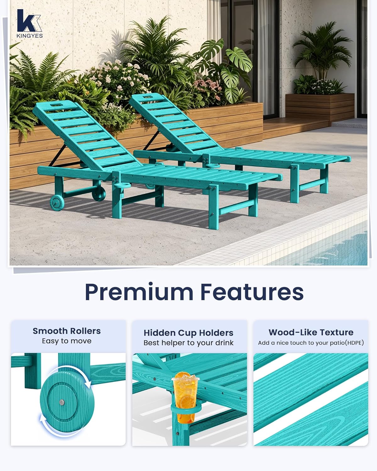 KINGYES Outdoor Armless Chaise Lounge Set of 2, HDPE Pool Lounge Chairs with Cup Holder & Wheels, Patio Lounger Chairs for Poolside, Aruba