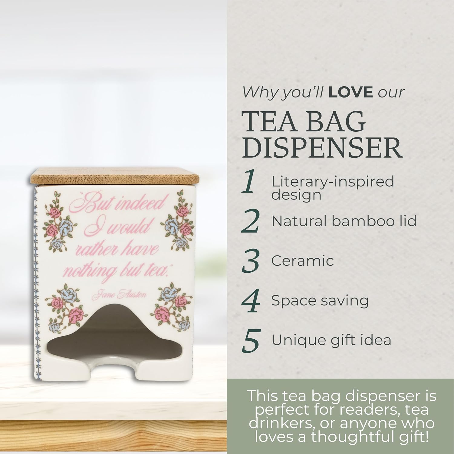 Steel Mill & Co Ceramic Tea Bag Dispenser with Bamboo Lid, Tea Storage Container for Kitchen Counter, Organizer for Tea Bags, Cute Bookish Gift for Tea Lovers (Jane Austen Quote)