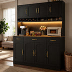 Black 72" Tall Kitchen Pantry Cabinet with Charging Station 55" Wide Hutch Cabinet with LED Light and Countertop Large Kitchen Cabinet with Adjustable Shelves and Wine Rack