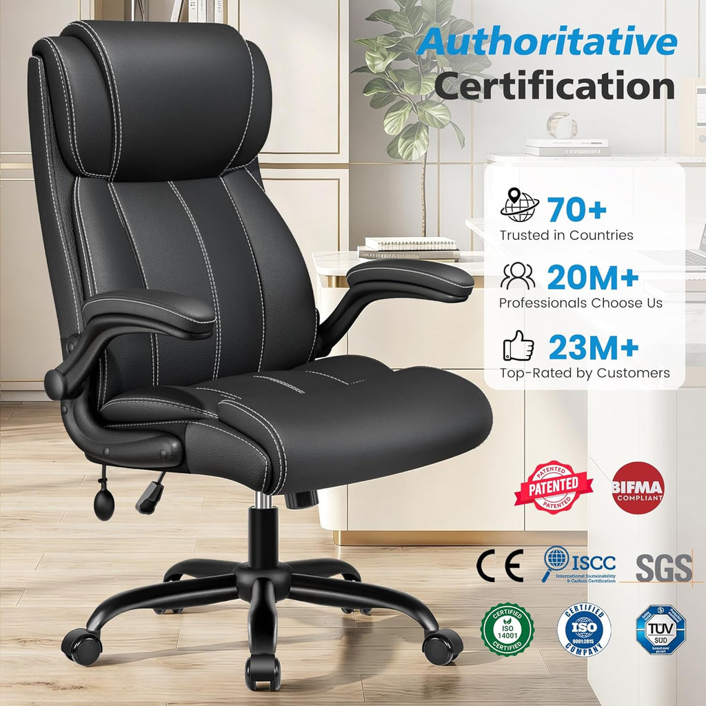 Ergonomic Office Chair – High Back Executive Leather Desk Chair with Inflatable Lumbar Support for Back Pain, Heavy-Duty Computer Desk Chair for Long Workdays, Black