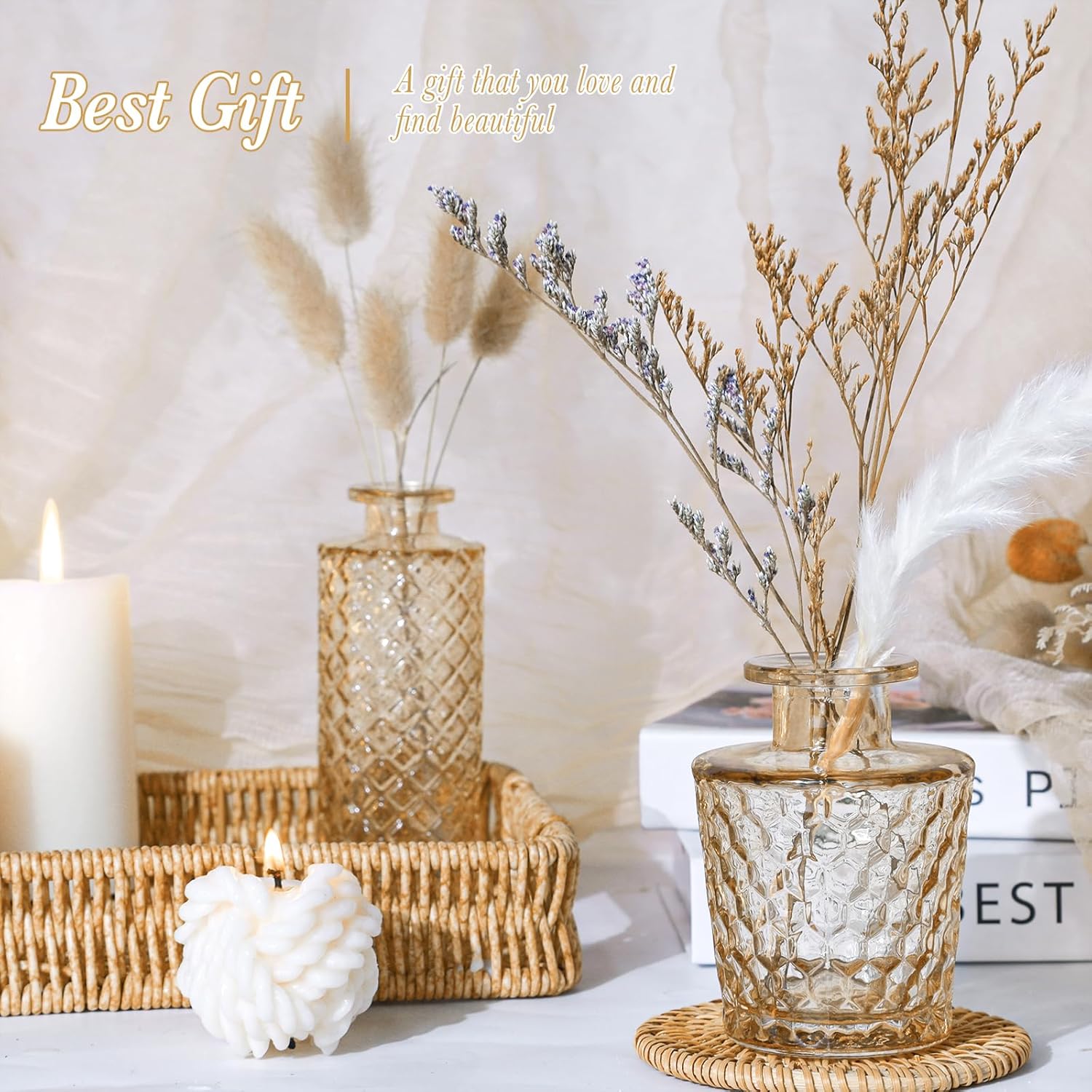 UPBUD Amber Glass Bud Vases Set of 12, Gold Mini Flower Vase for Centerpieces, Small Vases in Bulk for Wedding Decorations, Vintage Vase for Table, Recepetion, Home Décor