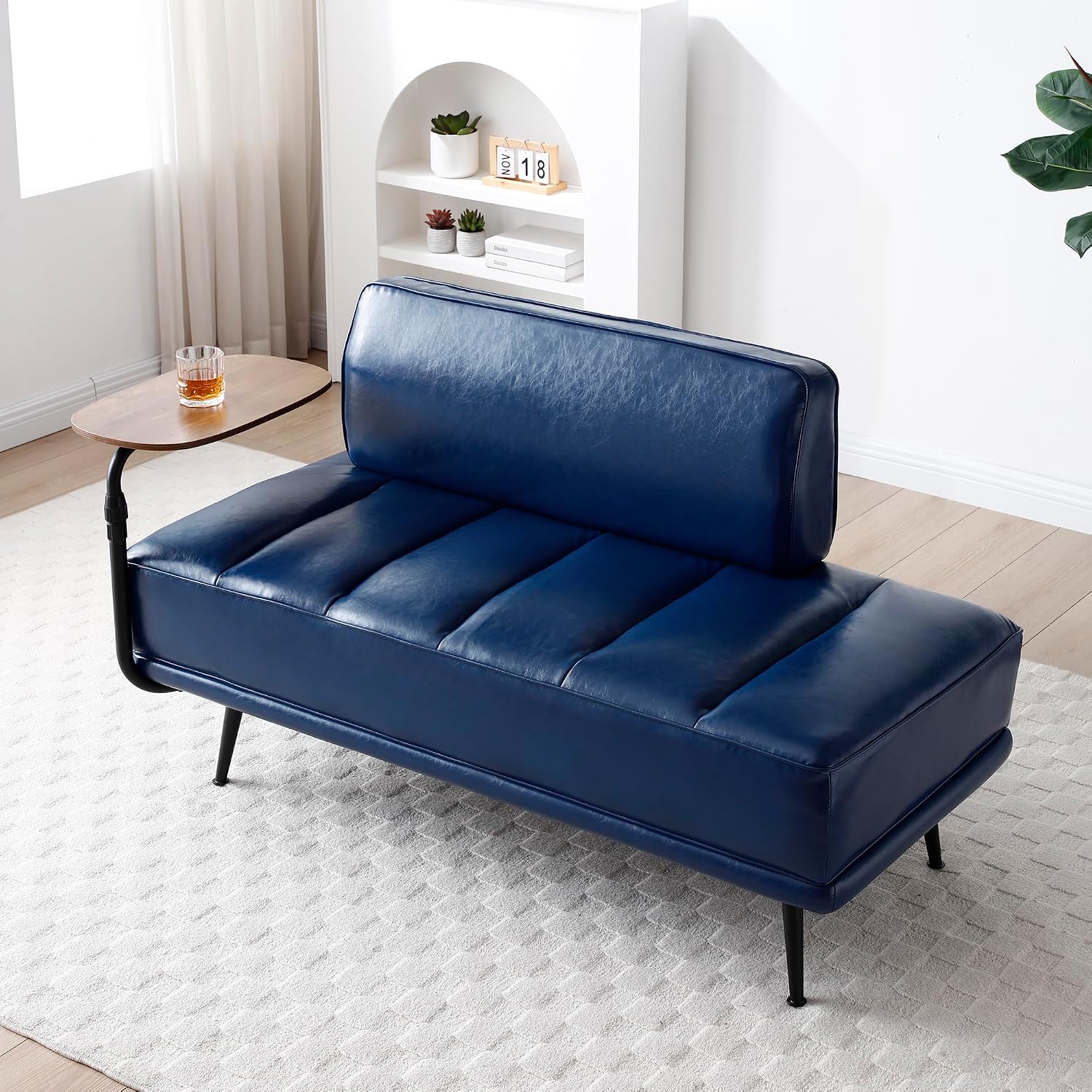 55" Modern Upholstered Bedroom Bench with Side Table - 360° Rotating Tray, PU Leather Cushion, Metal Legs for Living Room & Entryway (Blue)