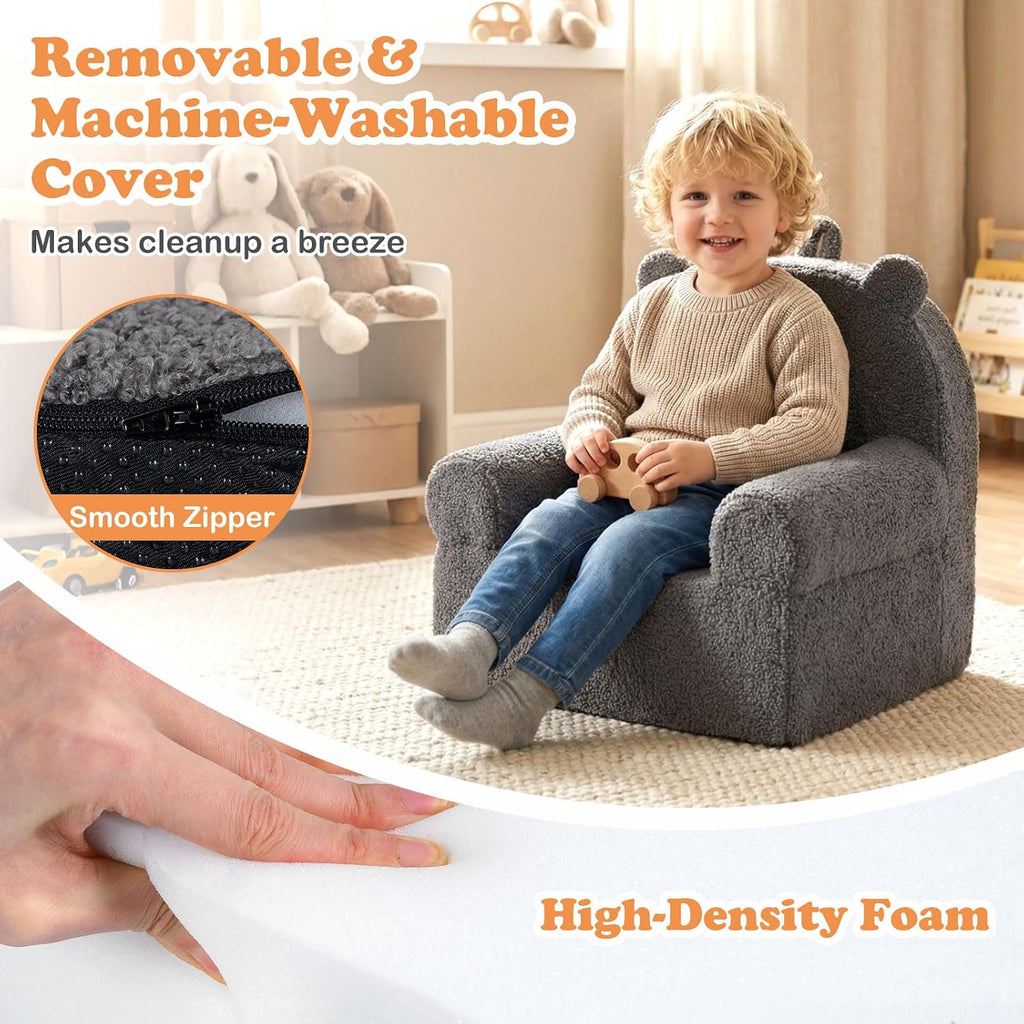 Costzon Kids Sofa, Comfy Bear Toddler Foam Couch with Soft Fleece Fabric Cover, Kids Furniture for Playroom, Children Reading Armchair for Boys & Girls Aged 3+ (["Teddy Fleece],Grey)