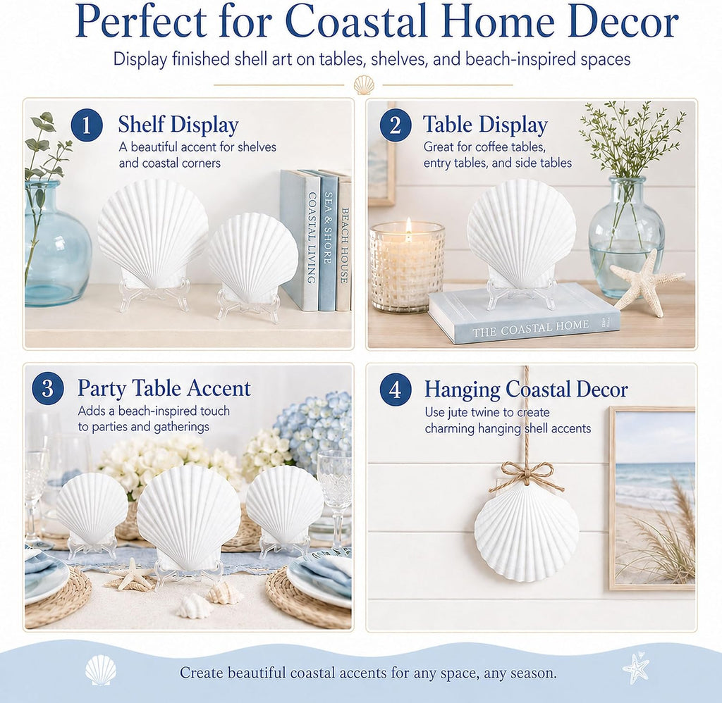 Cizavanta 50 Pack Large Scallop Shells for Crafts, 4-5 Inch Natural White Scallop Shells with 25 Clear Display Stands and Round Craft Mat, Seashells for DIY Painting, Decoupage & Coastal Decor