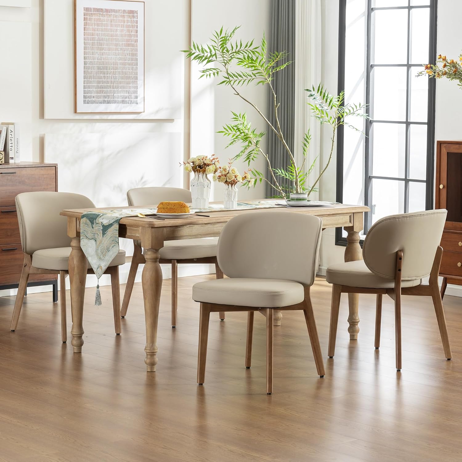 YOUNIKE Dining Chair with High Back Set of 8 Mid Century Modern Kitchen Chair Faux Leather Upholstered Armless Chair 20" Wide Padded Seat with Wooden Legs for Kitchen Dining Living Room Khaki