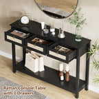 LAZZO Rattan Console Table Boho Entryway Table Narrow Long Sofa Table Hallway Foyer Table Behind Couch Table with 3 Drawers and Open Storage Shelf for Living Room and Corridor Black