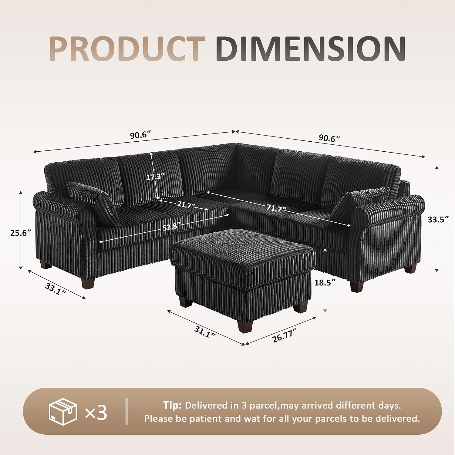 90.6" V-Shaped Modular Sectional Sofa with Storage Ottoman, 6-Seat Corduroy Corner Couch with Deep Seat, Oversized Upholstered Sectional for Living Room, Bedroom, Apartment