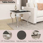22.8 Inch Glass End Table, Modern Small Square Side Table with Black Tempered Glass Top and Silver Stainless Steel Legs, for Living Room, Bedroom, Apartment